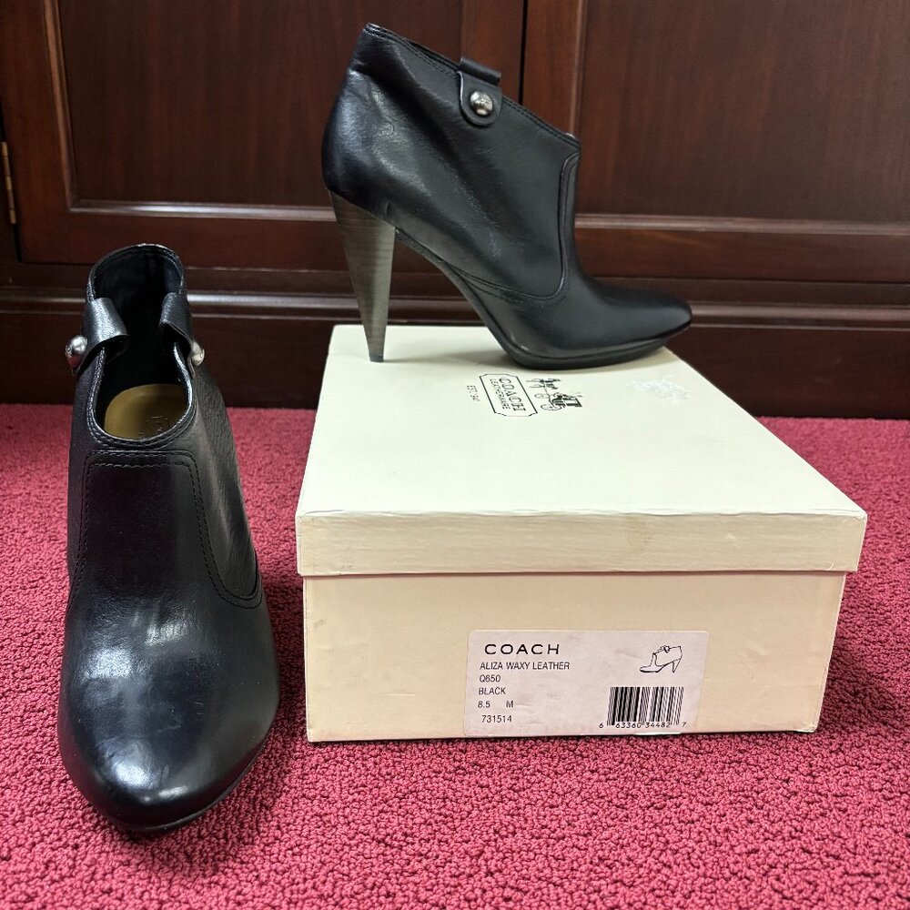 Coach Aliza Waxy Black Leather High Heel Ankle Booties Women SZ 8.5